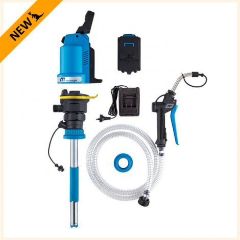 The High Viscosity Pump Starter Kit (20L) has everything needed to pump oil. Powerhead, Stem with 1.5m of 3/4" hose with On Demand Nozzle, 18V Li-Ion Battery, Battery Charger, 2 Pail Adapters.